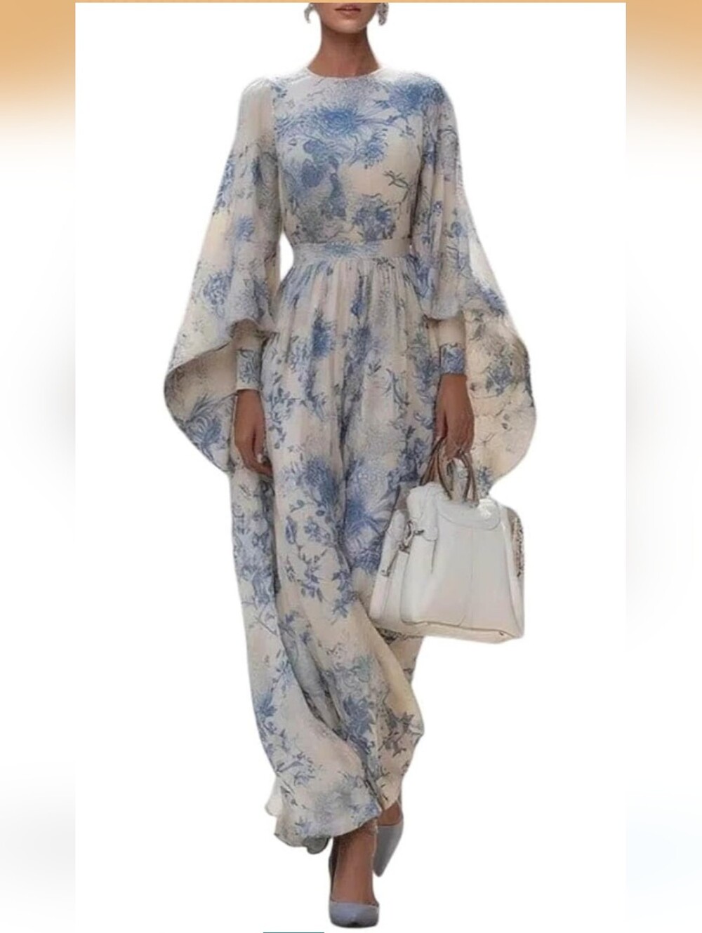 Elegant Blue Floral Maxi Dress - Women's Long Sleeve #75